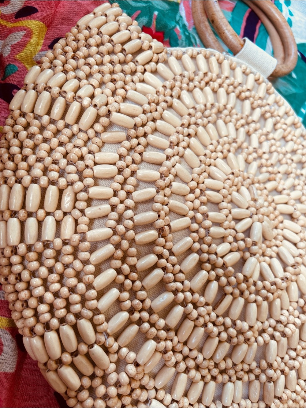 Handmade Natural Wooden Beaded Round Handbag Snap Close Cotton Lined Tote Purse - Picture 7 of 15